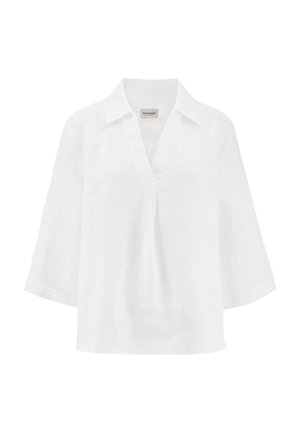 Blusa bianca a taglio ampio con maniche a tre quarti, colletto ampio e scollatura a V, realizzata in tessuto leggero.