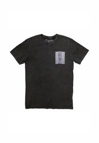 Black cotton t-shirt featuring a crew neck, short sleeves, and a white graphic print on a chest pocket. Faded texture throughout.