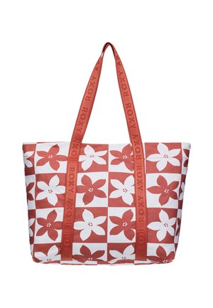 Bolso tote con patrón de cuadros florales en color óxido y blanco, con asas largas en óxido grabadas con el nombre de la marca "ROXY".