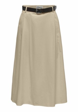 Falda midi beige con corte ancho en línea A, pliegues delanteros y un cinturón negro con hebilla plateada en la cintura con etiqueta "ONLY".
