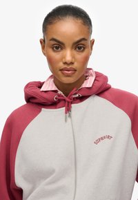 Sudadera con capucha que presenta un cuerpo gris con acentos en burdeos, un frente con cremallera y un logo bordado encima de la cremallera. La capa interior tiene rayas rosas.