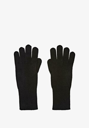 Svarta stickade handskar med ribbat manschett, med fem fingeröppningar. Materialet har en mjuk textur, lämplig för värme och komfort.
