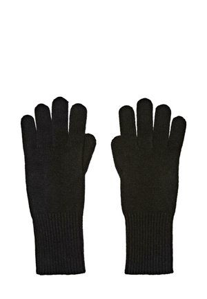 Gants en tricot noirs avec un poignet côtelé, dotés de cinq ouvertures pour les doigts. Le matériau a une texture douce, adaptée pour la chaleur et le confort.
