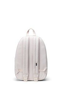 Sac à dos beige clair avec dos rembourré, bretelles ajustables, une poignée supérieure et deux poches latérales. Tissu lisse au design minimaliste.