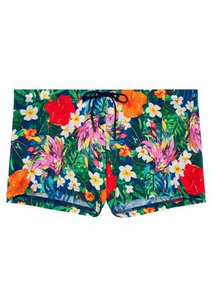 Herren-Badeshorts mit grünem Hintergrund, lebendigem Blumenmuster, mehrfarbigen tropischen Vögeln und einem schwarzen Tunnelzugbund.