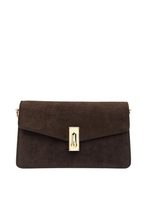Dark brown suede rectangular clutch bag with a front flap and gold-tone rectangular twist-lock closure.