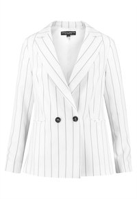 Valkoinen räätälöity bleiseri mustilla pystysuorilla raidoilla, halkioilla varustetut kaulukset, kaksoispainon suljin ja sivutaskut. Sujuva kankaan pinta.