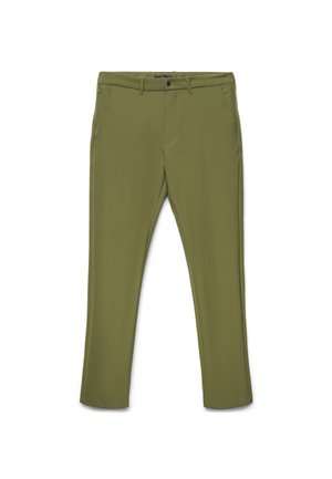 Pantaloni slim fit verde oliva con passanti per cintura, tasche frontali e chiusura con bottone in vita, stesi su sfondo bianco.