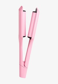 Plancha de pelo rosa con un acabado liso y brillante. Presenta bordes redondeados y dos placas de cerámica. Mango diseñado para un agarre cómodo.