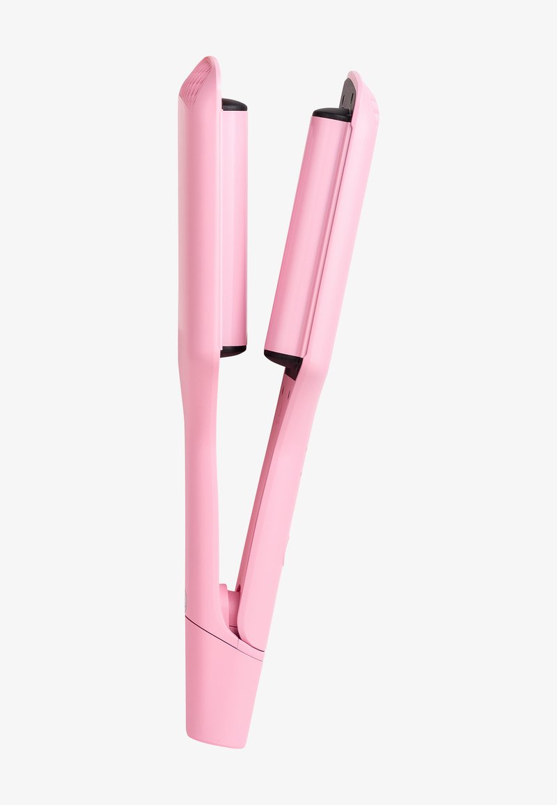 Plancha de pelo rosa con un acabado liso y brillante. Presenta bordes redondeados y dos placas de cerámica. Mango diseñado para un agarre cómodo.