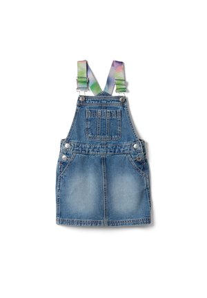 Vestido peto de mezclilla con lavado desgastado, bolsillo en el pecho delantero, botones laterales y tirantes ajustables con colores del arcoíris.