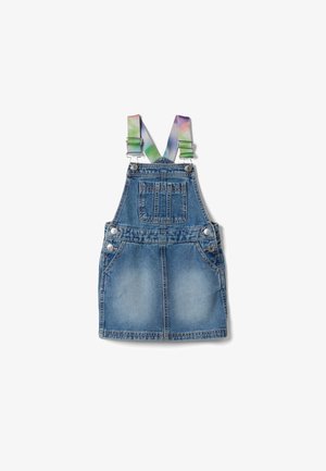 Vestido peto de mezclilla con lavado desgastado, bolsillo en el pecho delantero, botones laterales y tirantes ajustables con colores del arcoíris.