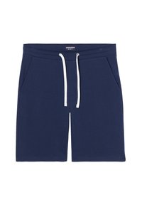 Granatowe szorty bawełniane z elastycznym paskiem i białym sznurkiem. Posiadają dwie boczne kieszenie oraz prosty krój.