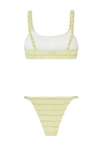 Bikini set s laganom zelenom uzorkom i okomitim bijelim prugama. Gornji dio ima podesive naramenice; donji dio nudi minimalnu pokrivenost.