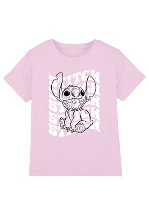 Pink cotton t-shirt featuring a black outline illustration of a character with large ears and expressive features, text in the background.