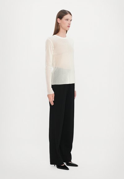 Transparent striped long-sleeve top in off-white, paired with black wide-leg pants and pointed black heels. Smooth texture and fitted design.