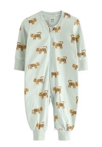 Lichtgroene katoenen romper met een herhaald tijgerpatroon in oranje en zwart, korte mouwen en ritssluiting. Elastische boorden.