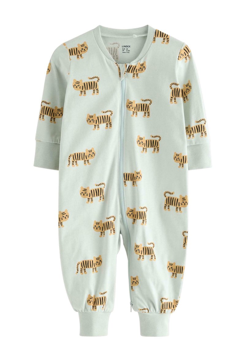 Lichtgroene katoenen romper met een herhaald tijgerpatroon in oranje en zwart, korte mouwen en ritssluiting. Elastische boorden.