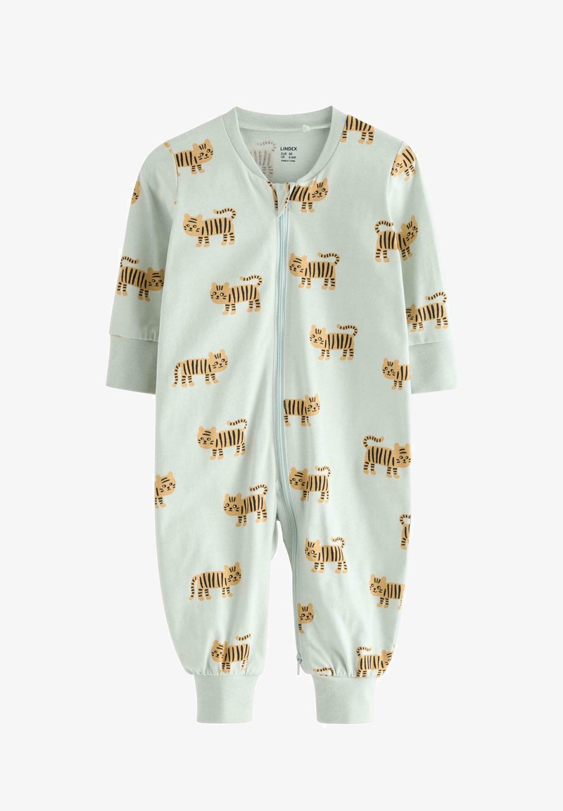 Lichtgroene katoenen romper met een herhaald tijgerpatroon in oranje en zwart, korte mouwen en ritssluiting. Elastische boorden.