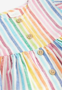 Mehrfarbig gestreiftes Kleid mit geknöpftem Vorderteil, das dünne, horizontale Streifen in zarten Farbtönen aufweist. Hergestellt aus leichtem Stoff.