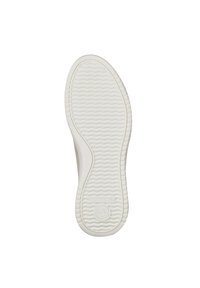 Semelle de chaussure en caoutchouc blanc avec un motif texturé, présentant des lignes ondulées et de petits détails circulaires. Bords lisses et conception de bout arrondi.