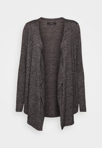 Dlouhý kardigan s dlouhým rukávem z tmavě šedé pleteniny, s otevřeným předním dílem, volným střihem a bez zapínání. Jemná textura bez vzorů.