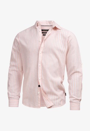 Chemise en lin à manches longues rayée rose pâle et blanche avec un devant à boutons, un col pointu et des manches à onglet. Présente une coupe régulière.