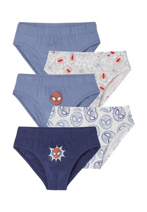 Fünf Paar Kinderunterhosen mit Spider-Man-Designs, darunter einfarbig blau, Spinnennetze mit roten Spinnen und Muster mit Spider-Man-Gesicht.
