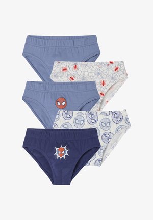 Fünf Paar Kinderunterhosen mit Spider-Man-Designs, darunter einfarbig blau, Spinnennetze mit roten Spinnen und Muster mit Spider-Man-Gesicht.