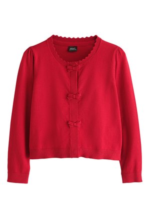 Cardigan rouge à manches longues avec trois petits nœuds sur le devant et un col à volants, tissu tricoté, poignets et ourlet côtelés.