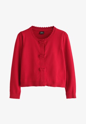 Roter Langarm-Cardigan mit drei kleinen Schleifen vorne und einem Rüschenkragen, Strickstoff sowie gerippte Bündchen und Saum.