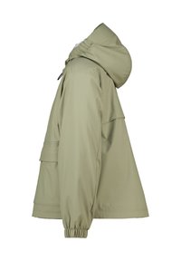 Light green waterproof jacket with a hood, elastic cuffs, and front pockets. Made of smooth synthetic material, features a loose fit design.