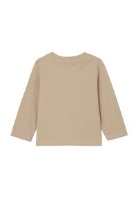 Langarm-T-Shirt aus beigem Baumwollstoff, mit Rundhalsausschnitten und weicher Textur. Einfaches Design ohne Muster oder Verzierungen.