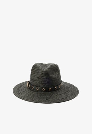 Wide-brimmed dark gray straw hat with a textured pattern, featuring a black band with gold grommets and a metallic buckle accent.