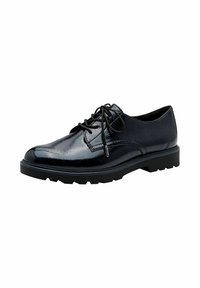 Scarpe in pelle verniciata nera con una finitura liscia, punta arrotondata e design con lacci. Suola in gomma nera spessa con un motivo di battistrada testurizzato.