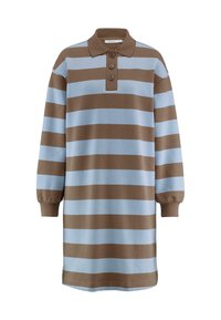 Gestreiftes Polokleid in Blau und Braun, aus weichem Stoff, mit Kragen und einer Drei-Knopf-Leiste, langen Ärmeln und einem lässigen Schnitt.