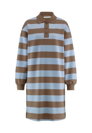 Gestreepte polojurk in blauw en bruin, gemaakt van zachte stof, met een kraag en een drukknoopsluiting met drie knopen, lange mouwen en een losse fit.