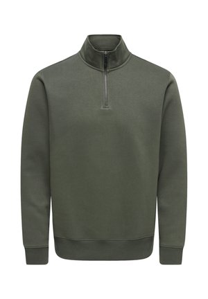 Olivgrüner Pullover mit langen Ärmeln, halbem Reißverschluss vorne und gerippten Bündchen sowie Saum.