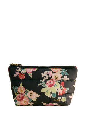 Borsetă neagră matlasată cu imprimeu floral colorat și fermoar auriu, formă dreptunghiulară cu etichetă Cath Kidston pe față.