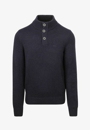 Navy knitted sweater with a high ribbed collar, featuring three button placket and ribbed cuffs and hem. Soft texture and classic fit.
