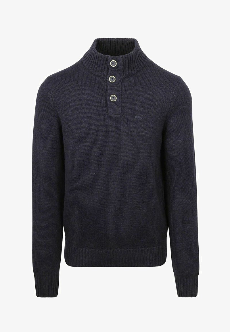 Navy knitted sweater with a high ribbed collar, featuring three button placket and ribbed cuffs and hem. Soft texture and classic fit.
