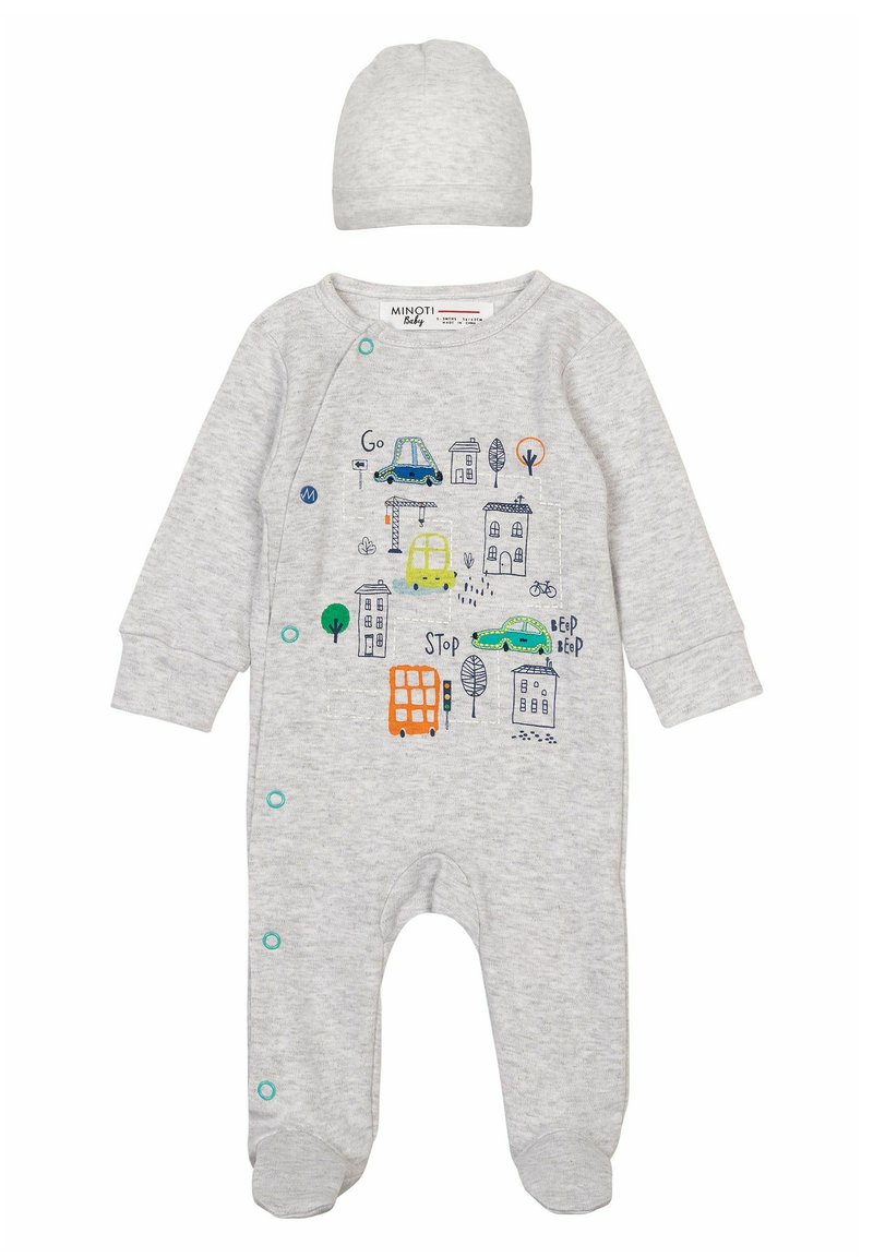 Grå babysuit med lange ærmer og trykknapper, prydet med farverige broderede mønstre af biler og bygninger. Inkluderer en matchende grå hat.