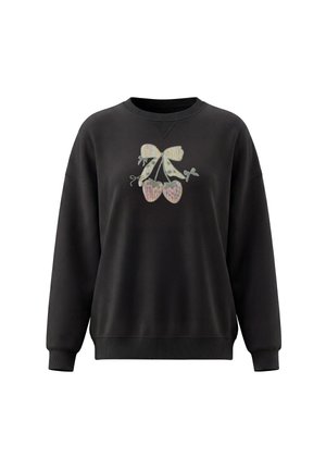Sort langærmet sweatshirt med ribkant ved ærmer og kant, med et motiv foran af to forbundne kirsebær med en sløjfe over.