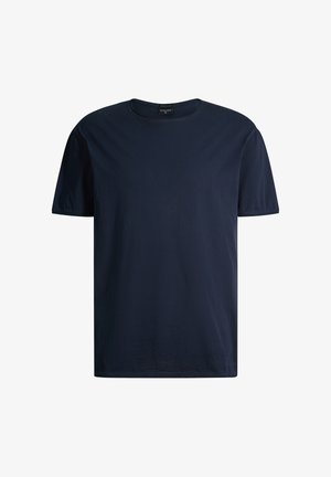 Effen donker marineblauw katoenen T-shirt met korte mouwen en ronde hals, voorkant zichtbaar op een witte achtergrond.