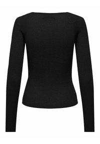 Top nero a maniche lunghe con design aderente, texture a coste e scollatura rotonda. Tessuto liscio senza cuciture o motivi visibili.