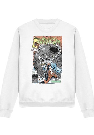 White sweatshirt featuring a comic book cover with Spider-Man fighting a large gray creature breaking through a wall.