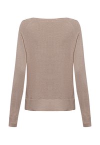 Helles beiges Sweatshirt, gestrickt, mit langen Ärmeln, rundem Halsausschnitt sowie geripptem Saum und Bündchen. Einfaches Design, ohne Muster oder Verzierungen.