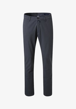 Dunkelgraue Hose aus glattem Stoff mit geradem Bein, ausgestattet mit einem Knopfverschluss und Fronttaschen. Einfaches Design ohne sichtbare Muster.