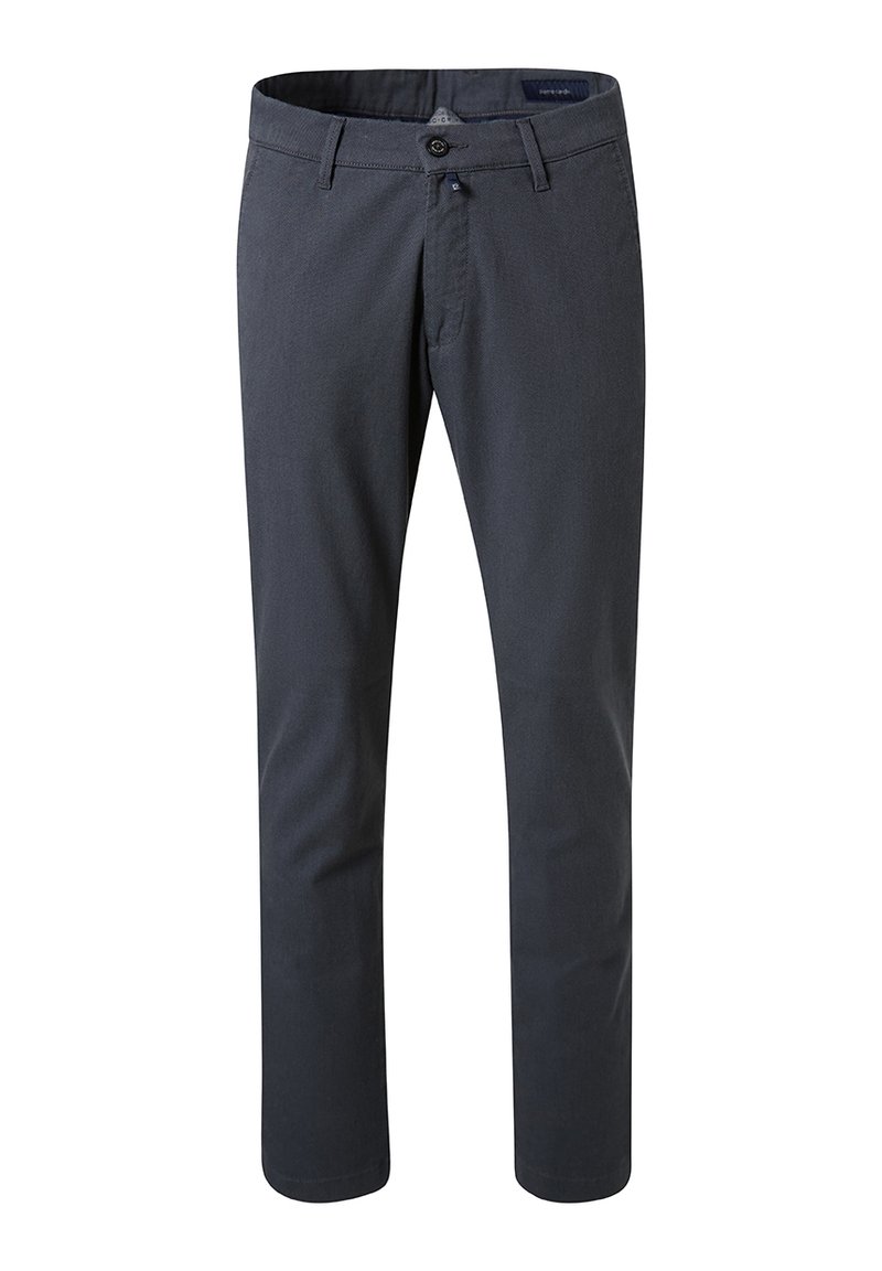 Donkergrijze broek gemaakt van gladde stof met een rechte pijp, met een knoopsluiting en voorzakken. Eenvoudig ontwerp zonder zichtbare patronen.
