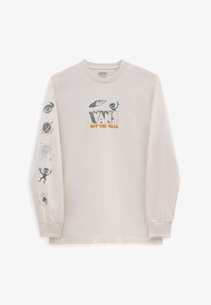 Hellbeiges Langarmhemd mit grafischen Drucken eines Auges, von Planeten und einem Cartoon-Außerirdischen auf der Vorderseite und den Ärmeln.